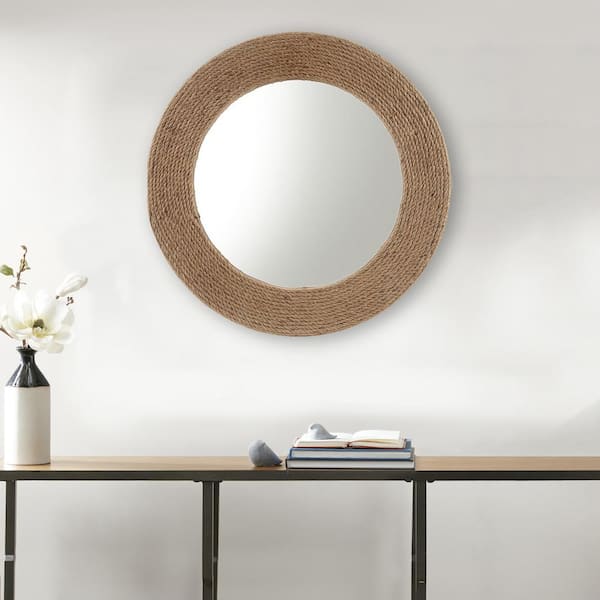 Unbranded 26 in. W. x 26 in. H Simple and Updated Round Jute Framed Natural Jute Rope Wall Mirror with Textural Element