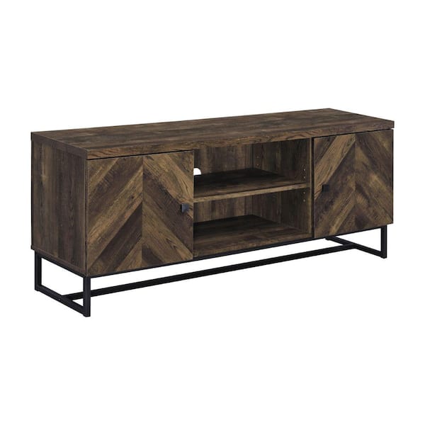 Benjara 60 in. Brown Wood TV Stand Fits TVs 65 in. with 2 Herringbone Doors