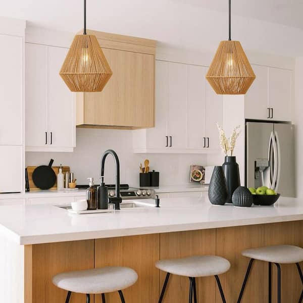 11.8 in. 1-Light Rattan Boho Black Pendant Light with Rattan Shade for Kitchen Island Foyer