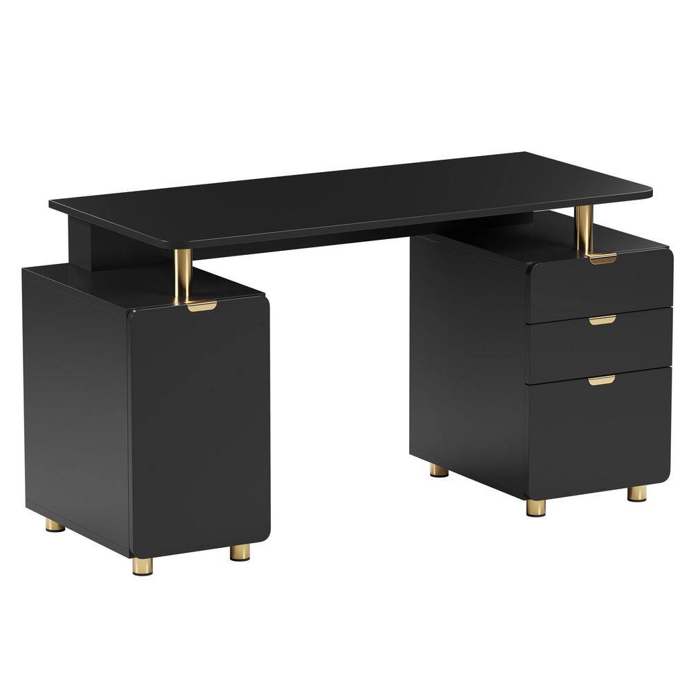 56.75 in. Rectangular Black and Gold 3-Drawer Executive Computer Desk with Cabinet