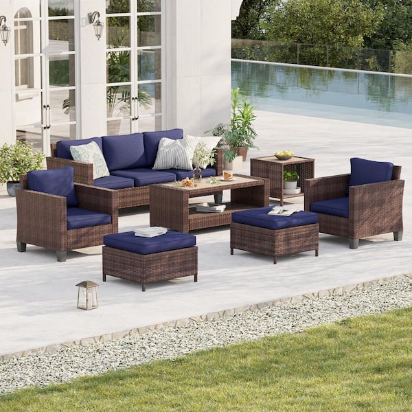 7-Piece Patio Conversation Set Brown Wicker Outdoor Furniture Set Three-Seat Sofa Thickening Cushions, Navy Blue