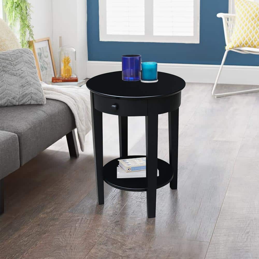 Black Round Wood Accent Table with Storage Drawer