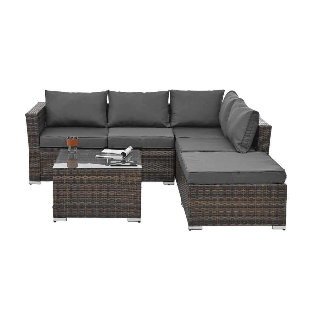 4-Piece Seasonal PE Wicker Outdoor Sectional Set with Tempered Glass ...