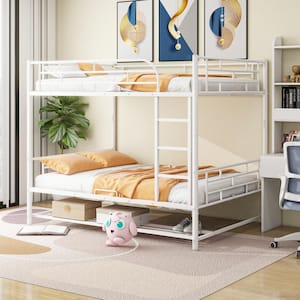 Detachable White Full over Full Metal Bunk Bed with Under-Bed Shelf and Full-Length Guardrails for Upper Bed