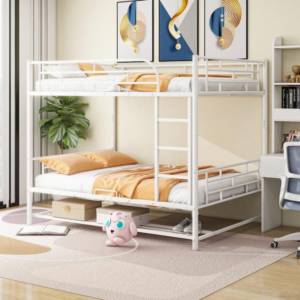 Harper & Bright Designs Detachable White Full over Full Metal Bunk Bed with Under-Bed Shelf and Full-Length Guardrails for Upper Bed