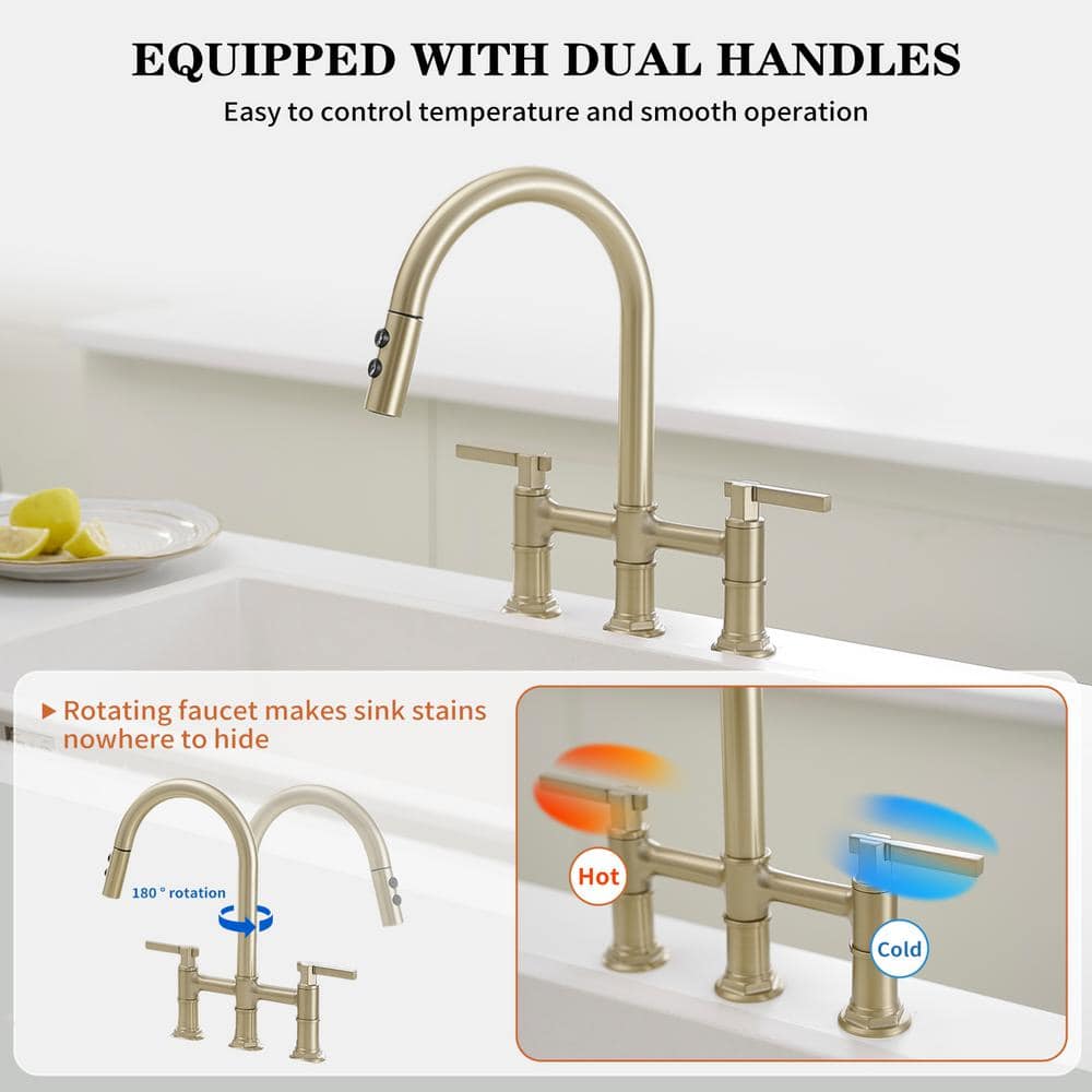 Brushed Gold Double Handle Bridge Kitchen Faucet with 360 Degree Swivel Spout
