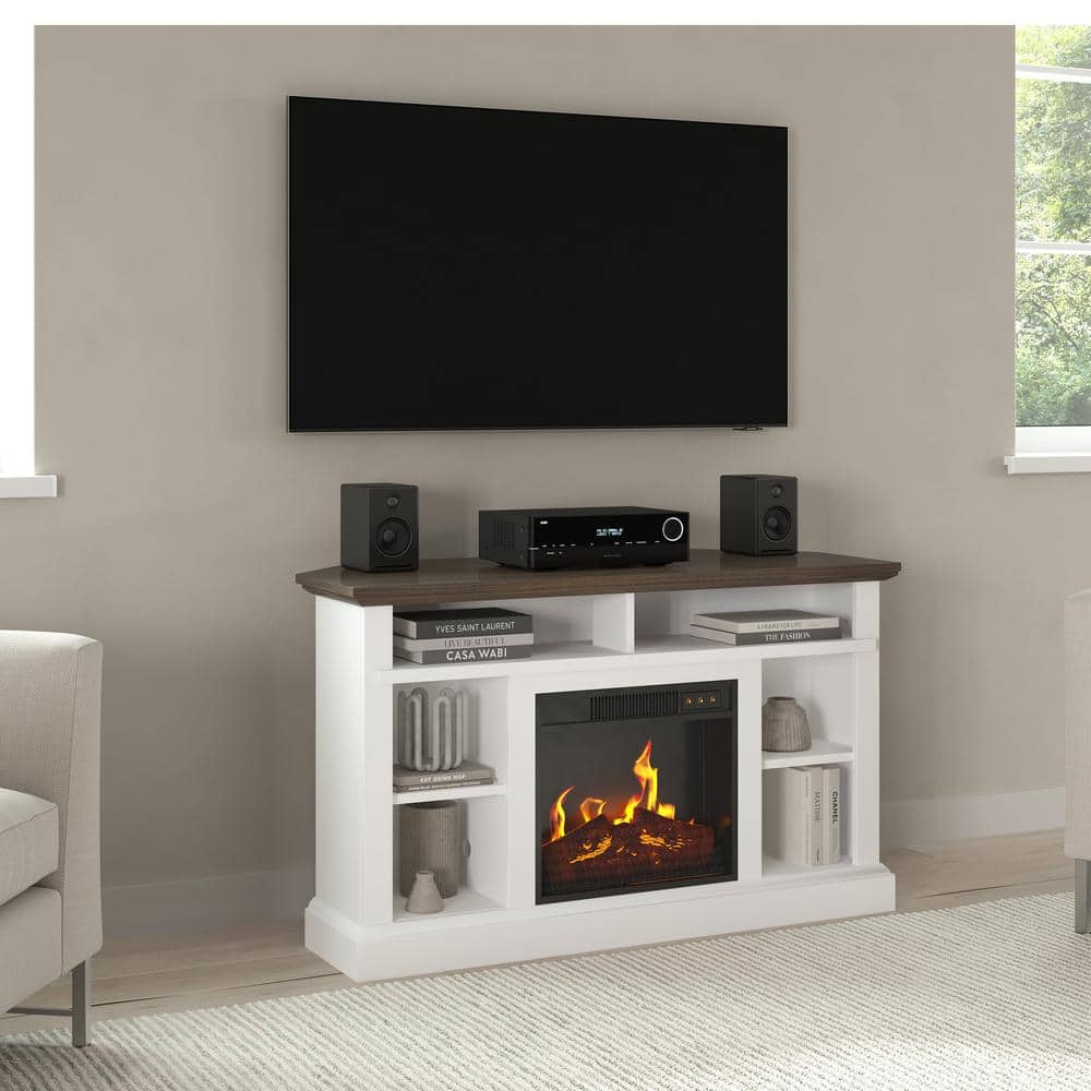 White Corner TV Stand with Electric Fireplace and Storage Cabinet