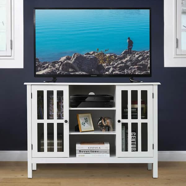 43 in. White TV Stand Fits TV's up to 50 in. with 2-Glass Cabinets and Cable Hole