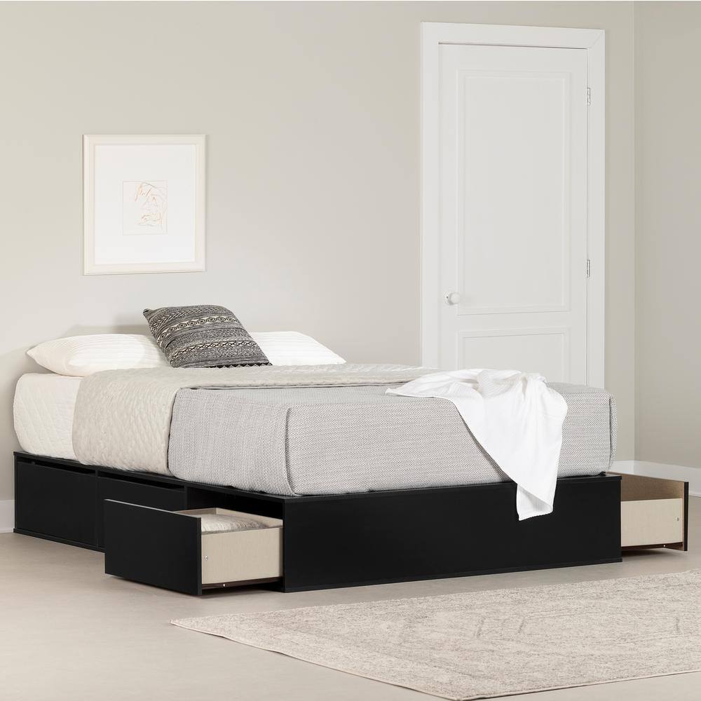 Queen Pure Black Wood Frame Upholstered Platform Bed with 6 Drawers