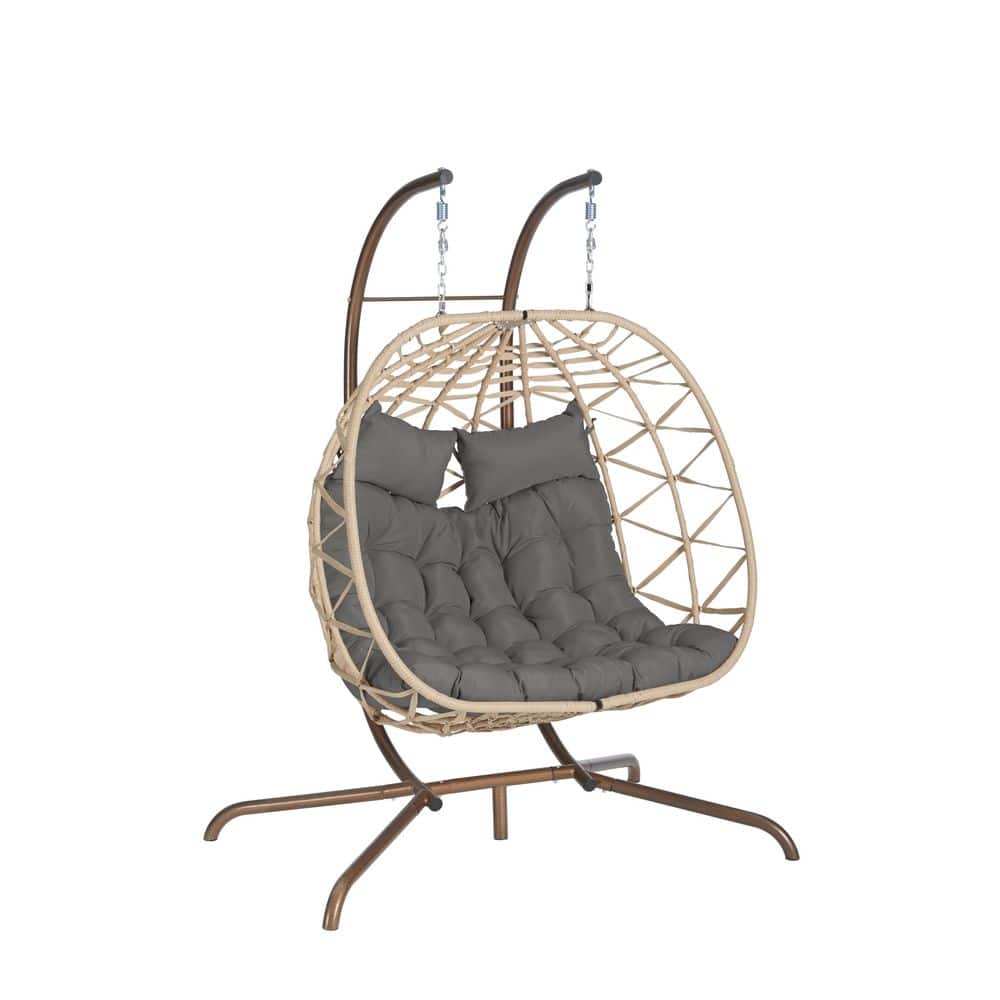 2-Person Beige Wicker Patio Swing with Dark Gray Cushions, Double Egg Chair