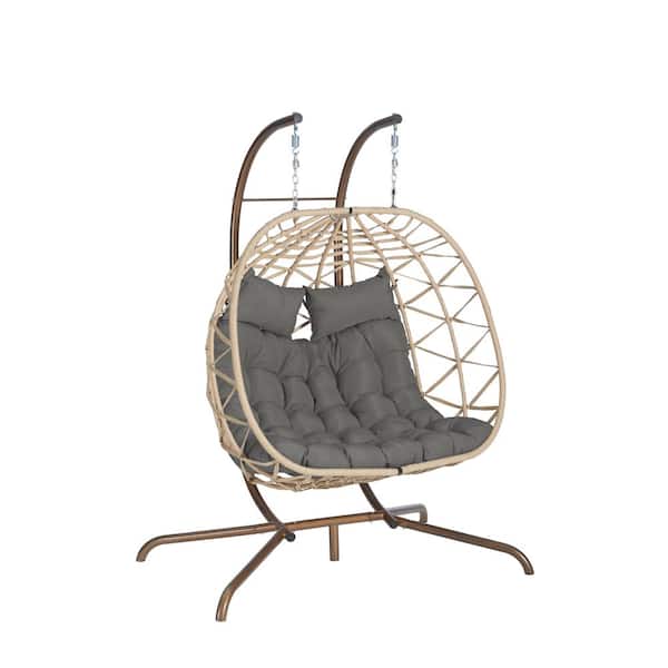 Unbranded 2-Person Beige Wicker Patio Swing with Dark Gray Cushions, Double Egg Chair Porch Swing Chair with Stand Hanging