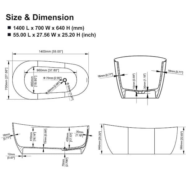 Moray 55 in. x 27 in. Solid Surface Stone Resin Flat bottom Freestanding Bathtub Soaking Bathtub in Matte White