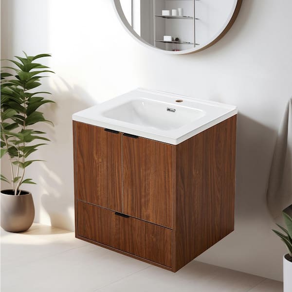 24 in. Wall Mount Bath Vanity Cabinet without Top, Built-in Soft Close Drawer in Brown Walnut