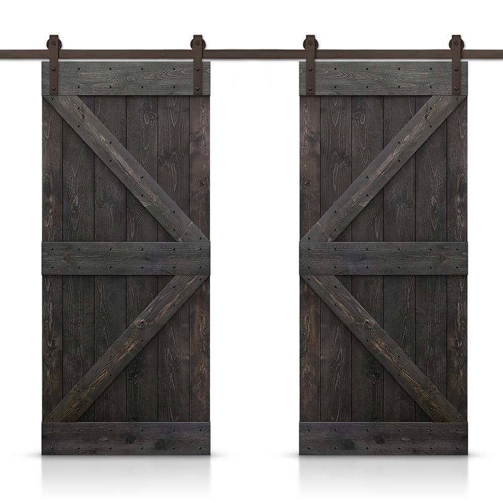 CALHOME K 68 in. x 84 in. Charcoal Black Stained DIY Solid Pine Wood Interior Double Sliding Barn Door with Hardware Kit