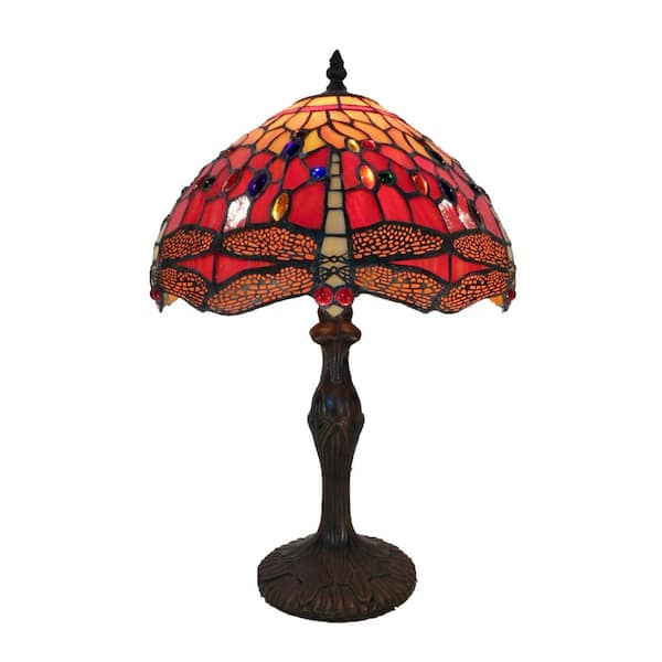 Warehouse of Tiffany 18 in. Red Orange Dragonfly Brown Table Lamp