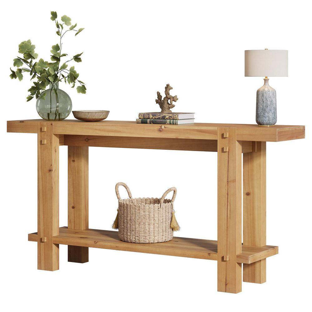Turrella 63 in. Light Brown Rectangle Solid Wood Console Table with 2-Tier, Entryway Sofa Table for Living Room