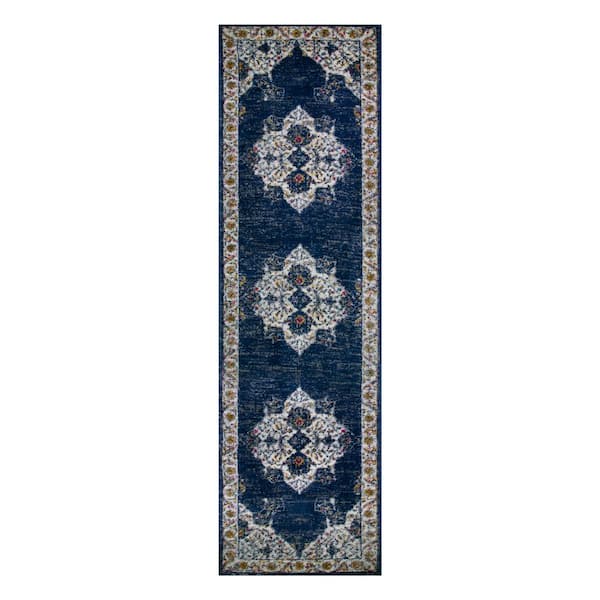 Leick Home Wendlyn Vintage Navy Blue and Ivory 2 ft. x 6 ft. Medallion Polypropylene Runner Rug