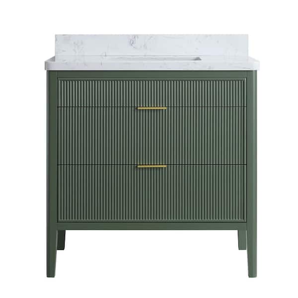 35.83 in. Freestanding Single Sink Fully Assembled Green Bath Vanity with White Engineered Marble Top Assembled