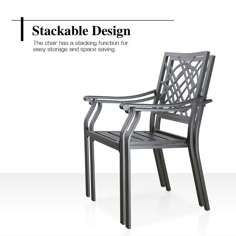 Black Steel Stackable Outdoor Dining Armchairs, Set of 2