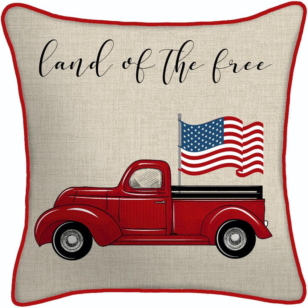 18" x 18" Beige and Red Patriotic Truck Reversible Outdoor Throw Pillow
