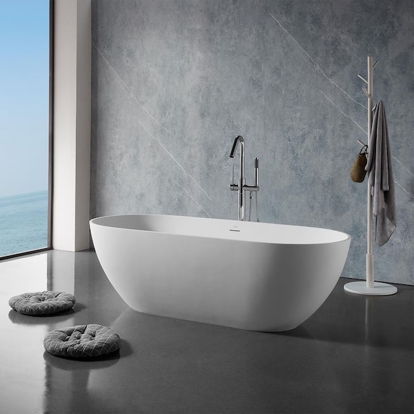 69 in. x 29.5 in. Solid Surface Soaking Freestanding Bathtub with Center Drain in White