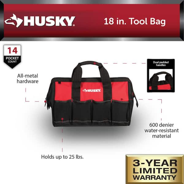 Husky 18 in. 14-Pocket Red Tool Bag with Zippered Top HD60018-TH