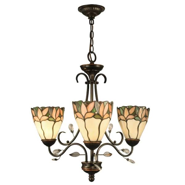 Dale Tiffany Crystal Leaf 3-Light Antique Bronze Chandelier with Art Glass Shades