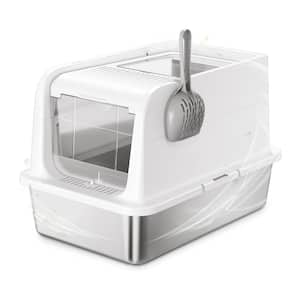 Extra Large Stainless Steel Cat Litter Box with Lid, Scoop, Open/Closed Design, Non-Stick & Anti-Leak Metal Pan, White