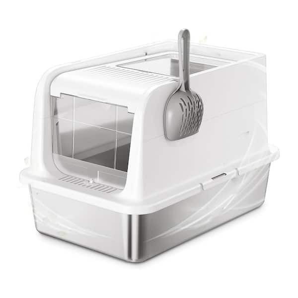 Extra Large Stainless Steel Cat Litter Box with Lid, Scoop, Open/Closed Design, Non-Stick & Anti-Leak Metal Pan, White