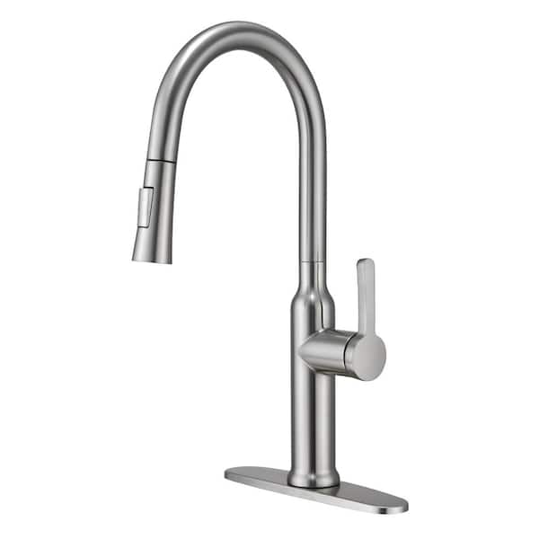 Mondawe Single-Handle Modern High Arc Pull Down Sprayer Kitchen Faucet Deck Mount Kitchen Faucet in Brushed Nickel