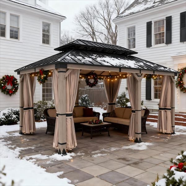 Cedarfort 12 ft. x 20 ft. Outdoor Cedar Wood Frame Hardtop Gazebo with Galvanized Steel Roof, Netting and Curtains