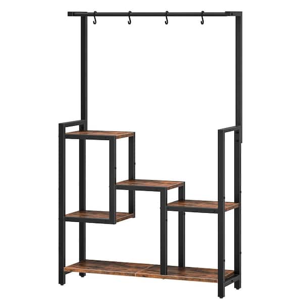 63" tall wooden plant shelf with staggered tiers & hooks. Rustic brown & black freestanding rack for indoor corners.