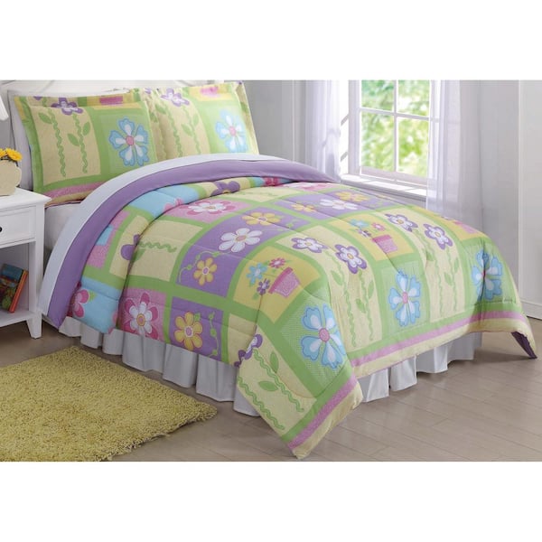 yellow and purple comforter