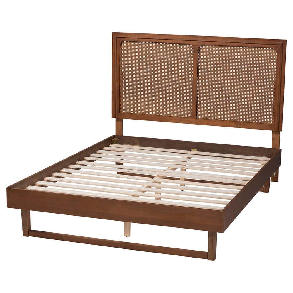 Walnut Brown Queen Wood Frame Upholstered Bed with Rattan Headboard