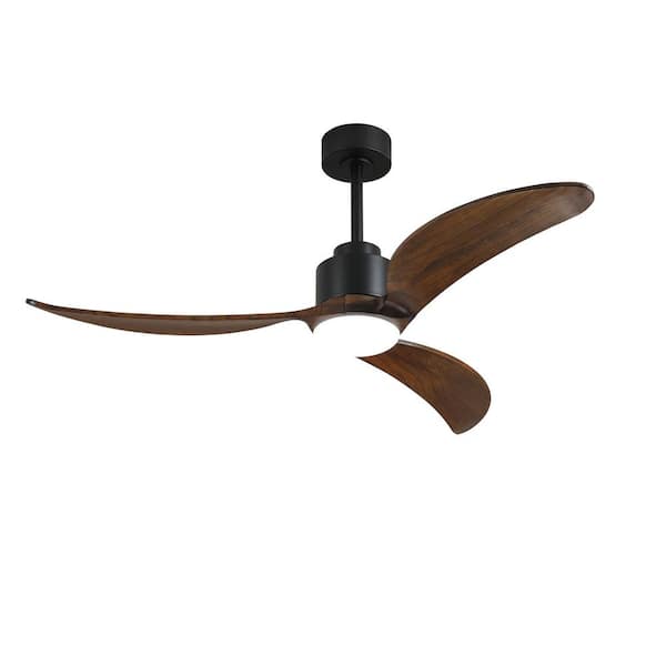 52 in. Black Metal Housing and Brown Wood Blades Downrod Mount Ceiling Fan with Lights and Remote Control, DC Motor