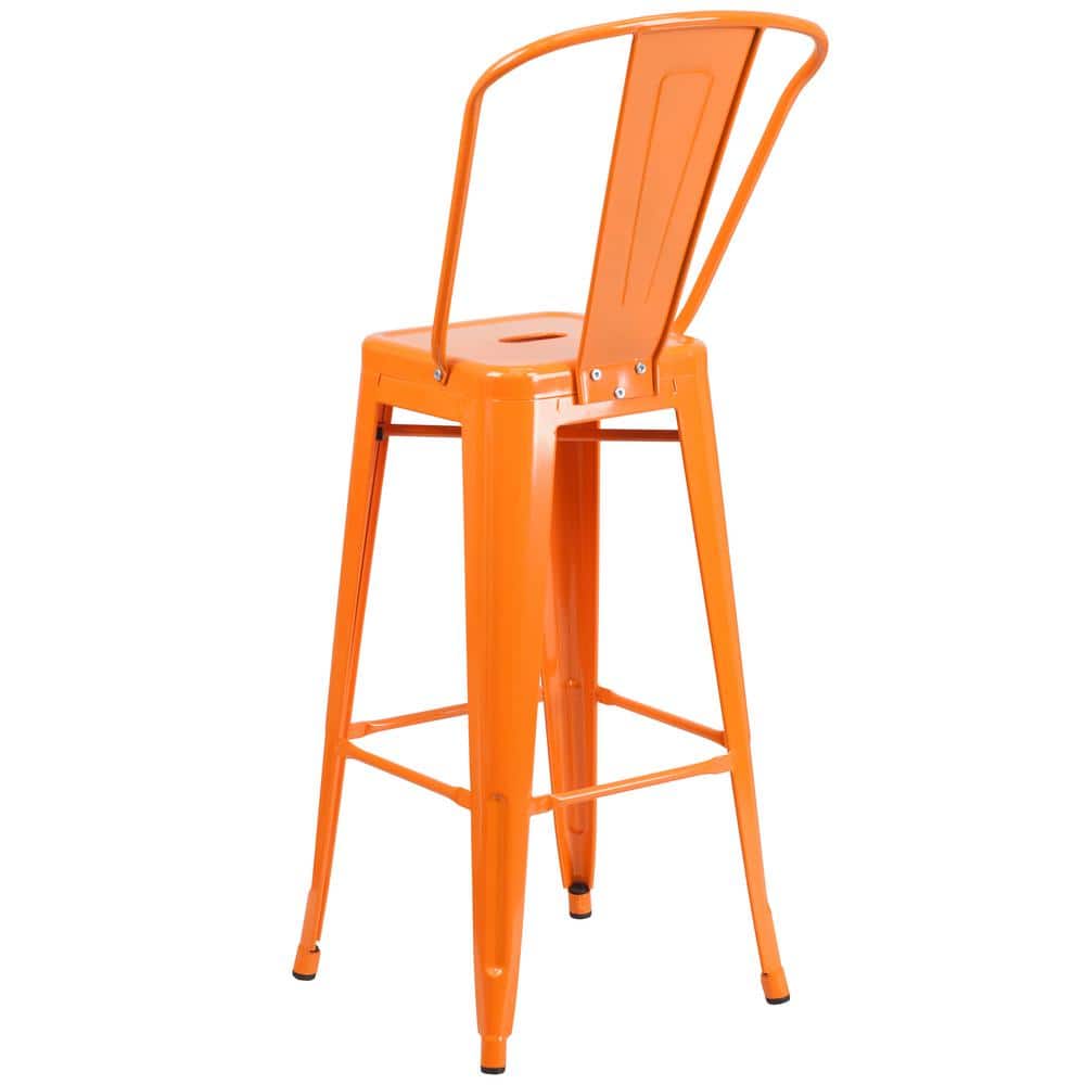 Bright Orange Metal 30" High Indoor-Outdoor Barstool with Slat Back