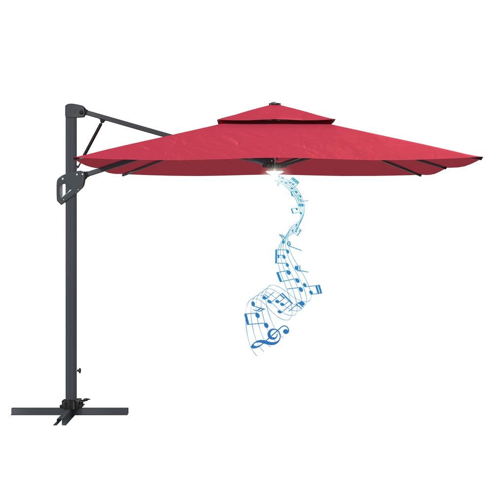 10 ft. Patio Square Pneumatic Lever Cantilever Umbrella in Red with Bluetooth Speaker and Lighting (Without Base) -  Clihome, CL-CF10191