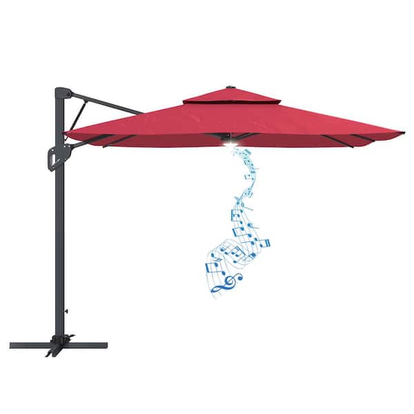 Clihome 10 ft. Patio Square Pneumatic Lever Cantilever Umbrella in Red with Bluetooth Speaker and Lighting (Without Base)