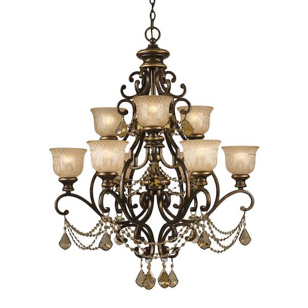 Norwalk 9-Light Bronze Umber Standard Chandelier with Glass Shade