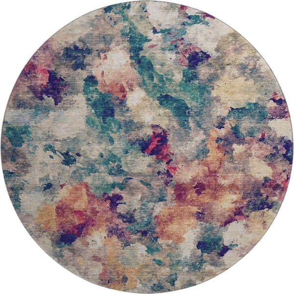 Mayfield Premium Machine Washable Abstract AMF2203 Putty 8 ft. x 8 ft. Round Rug