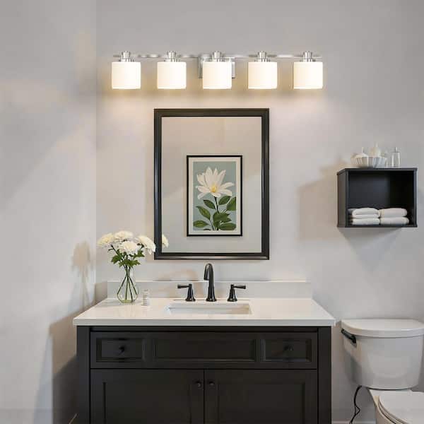 40 in. Modern 5-Light Brushed Nickel Bathroom Vanity Light, White Glass Shade Over Mirror Lighting Fixture