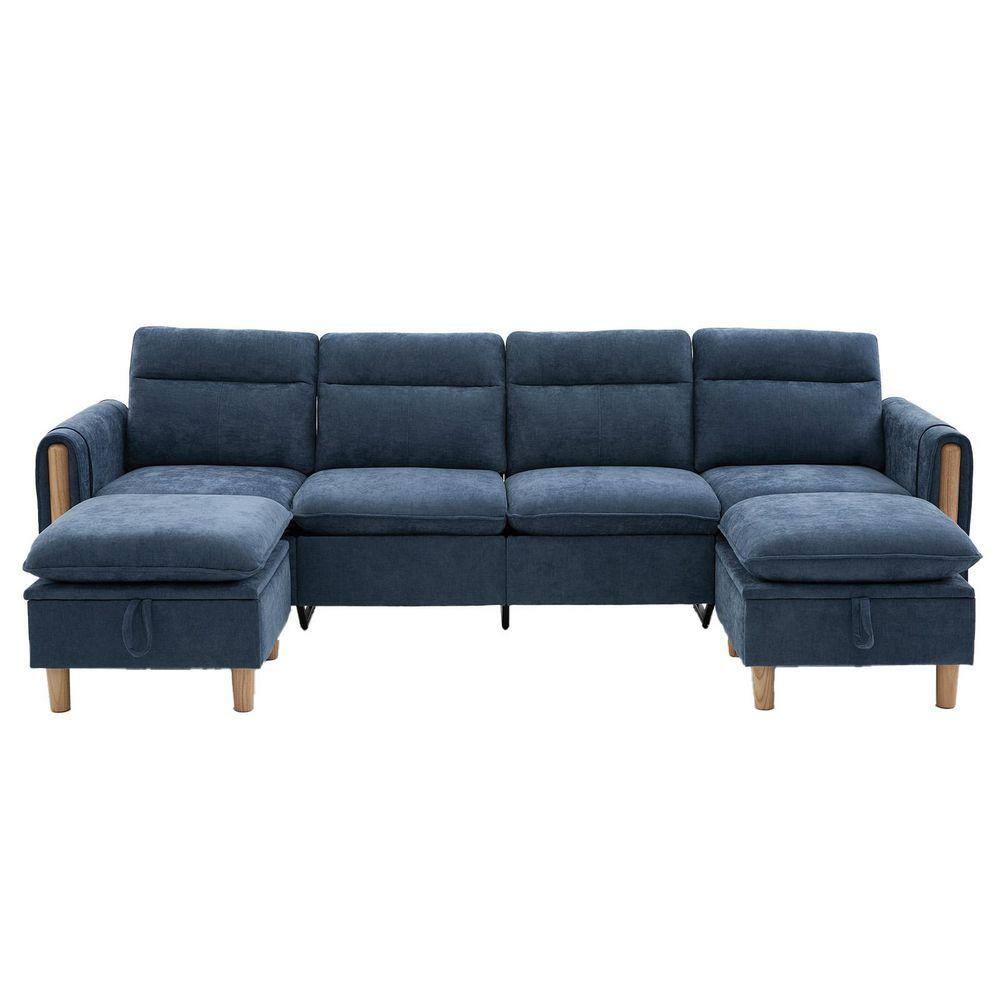 Front view of a navy blue chenille U-shaped sectional sofa with storage ottomans.