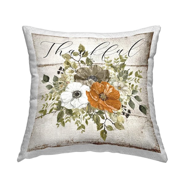 Stupell Industries Thankful Floral Pumpkin Orange Square Outdoor Throw Pillow