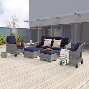 6-Piece Patio Outdoor Conversation Set with Thickening Ottomans Side Table, Navy Blue Cushion