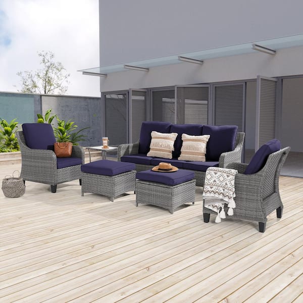JOYESERY 6-Piece Patio Outdoor Conversation Set with Thickening Ottomans Side Table, Navy Blue Cushion