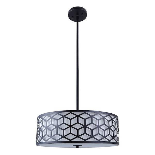 DSI LIGHTING Ali 3-Light Matte Black Pendant with White Fabric Shade