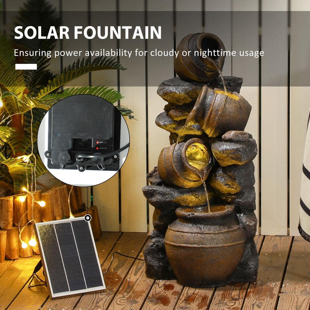 28.3" Brown Resin Solar Powered 4-Tier Water Fountain with LED Lights