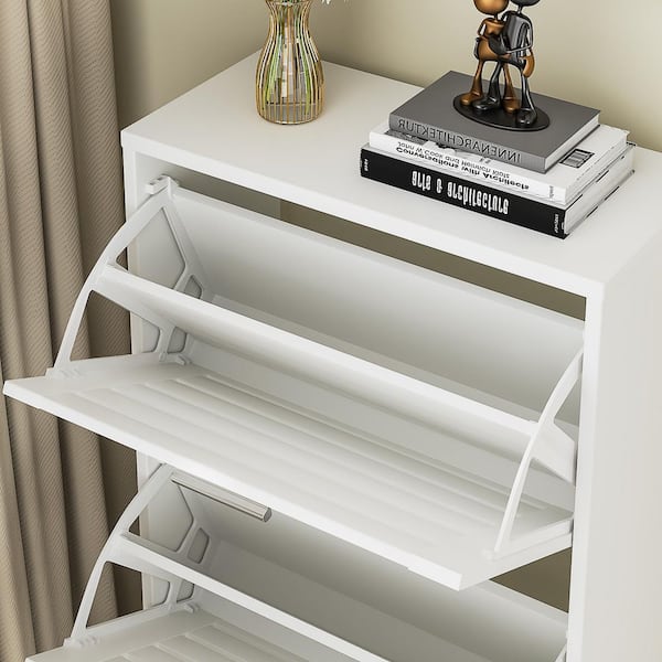 Modern Shoe Cabinet with 3-Flip Drawers, Freestanding Shoe Storage Cabinet, Shutter Design White Shoe Storage Organizer