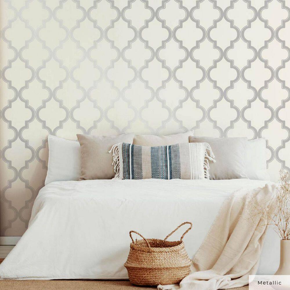 Cream and Metallic Silver Vinyl Peel and Stick Wallpaper Roll