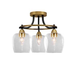 Madison 15.5 in. 3-Light Matte Black and Brass Semi-Flush Mount with Clear Bubble Glass Shade